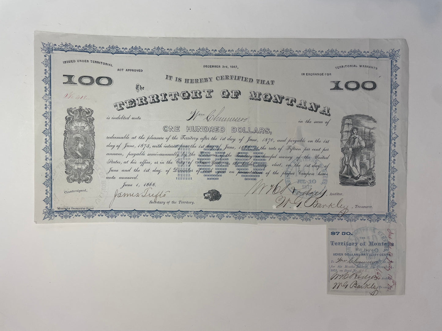Bond Certificate for the Territory of Montana