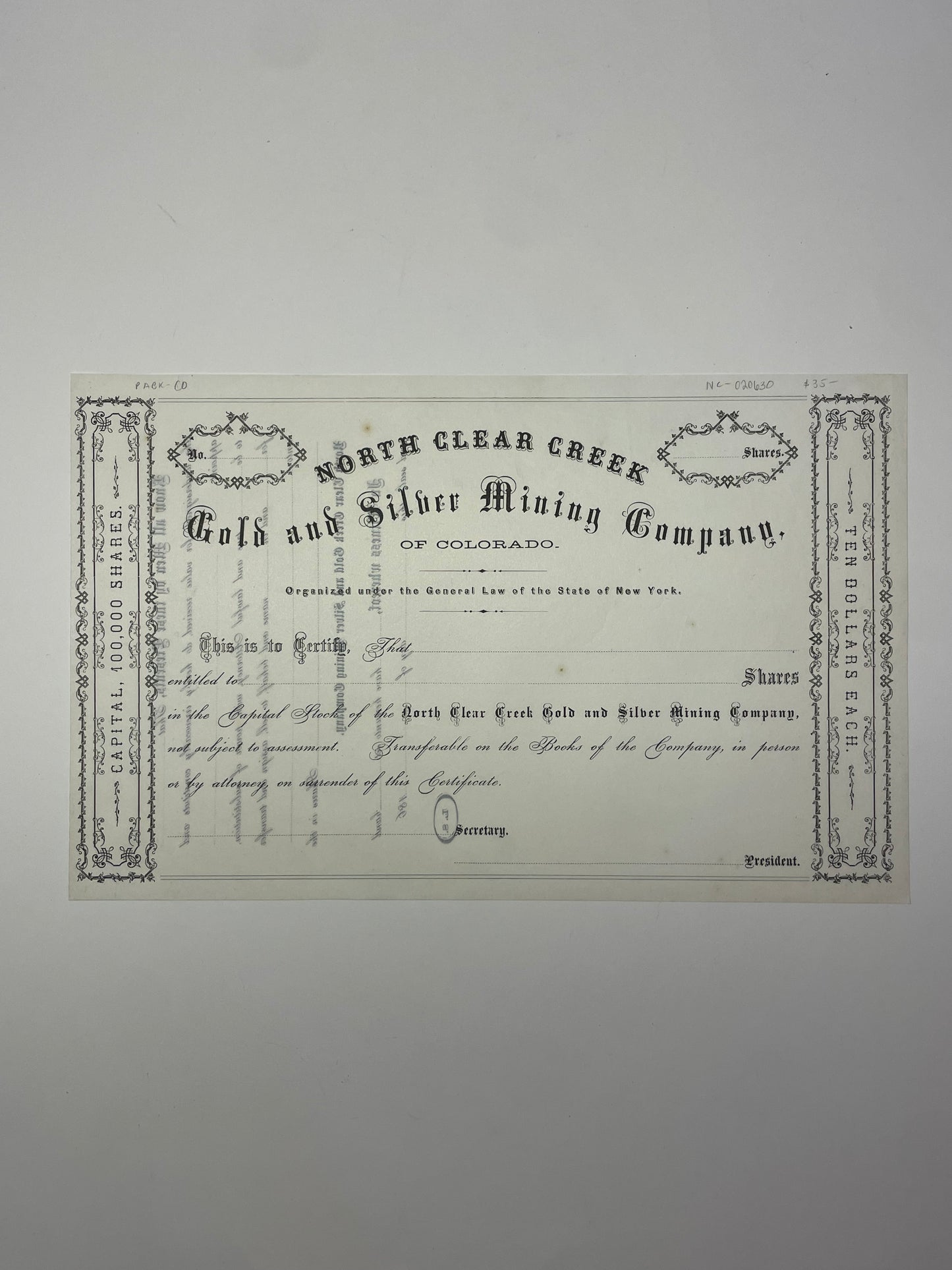 Blank Stock Certificate for the North Clear Creek Gold and Silver Mining Co.