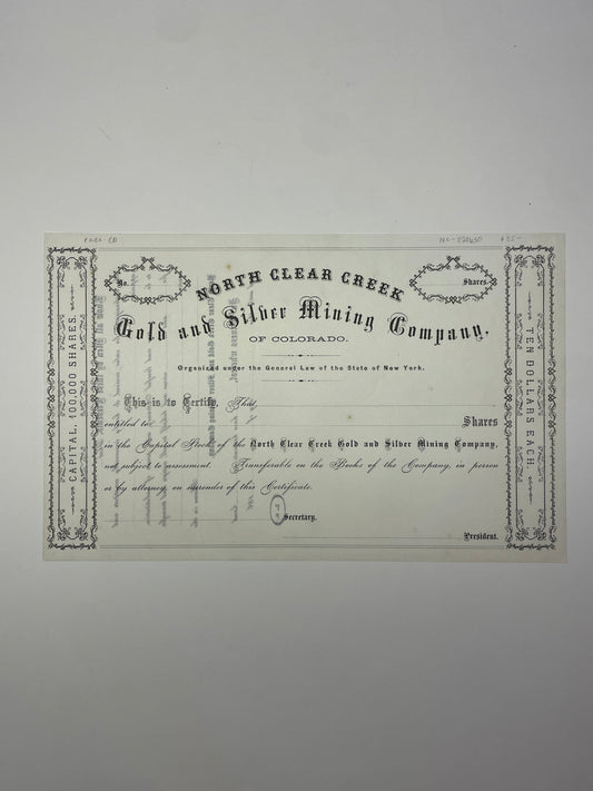 Blank Stock Certificate for the North Clear Creek Gold and Silver Mining Co.